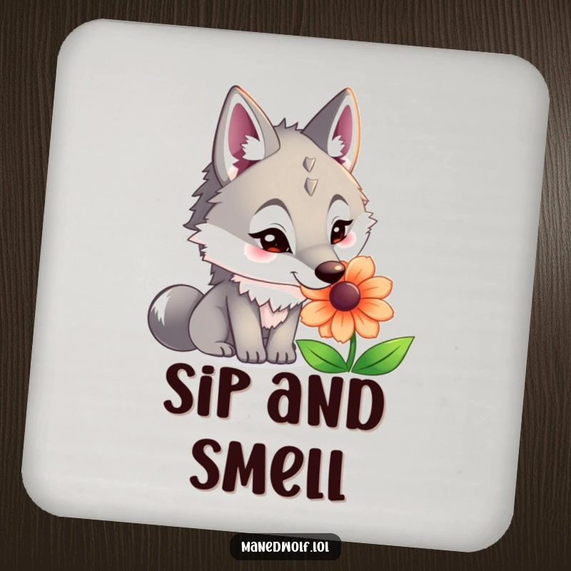 Funny maned wolf drink coaster with a curious wolf sniffing a colorful flower, protecting furniture.