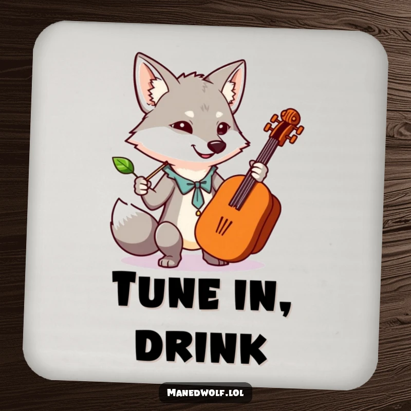 Funny drink coaster featuring a kawaii maned wolf conducting an orchestra with a leaf, adding musical and cute decor.