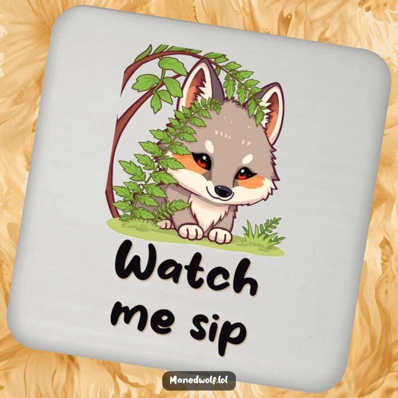 Funny drink coasters showing a chubby maned wolf curiously peeking from under a fern, adding humorous protection.