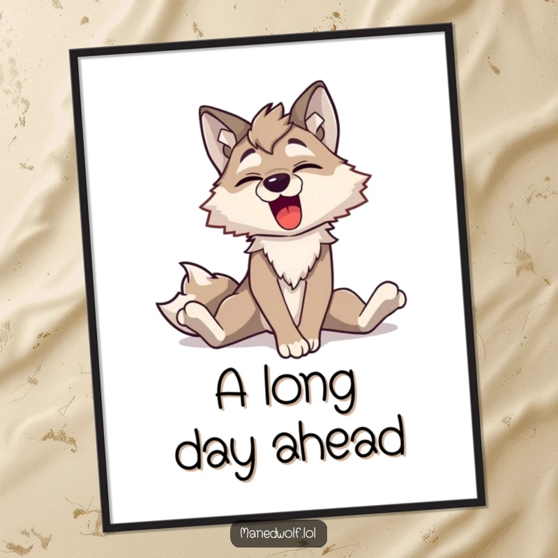 Funny Maned Wolf Yawning Poster: Vibrant wall art of a maned wolf stretching its long legs and letting out a big, happy yawn, perfect decoration.