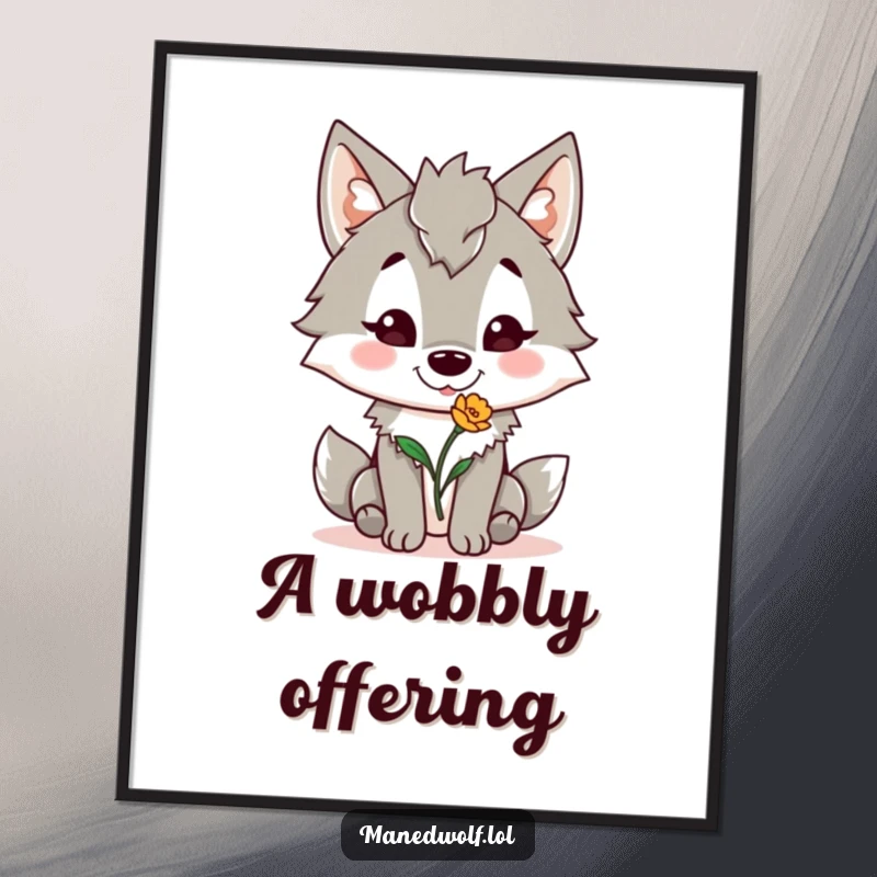 Funny Maned Wolf Poster: A maned wolf cheerfully presents a flower, creating a humorous and uplifting piece of wall art.