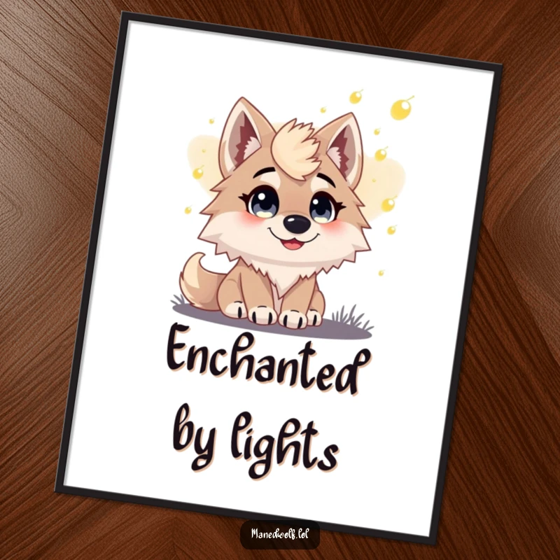 Funny poster of a maned wolf with huge, happy eyes captivated by a magical display of fireflies at dusk.