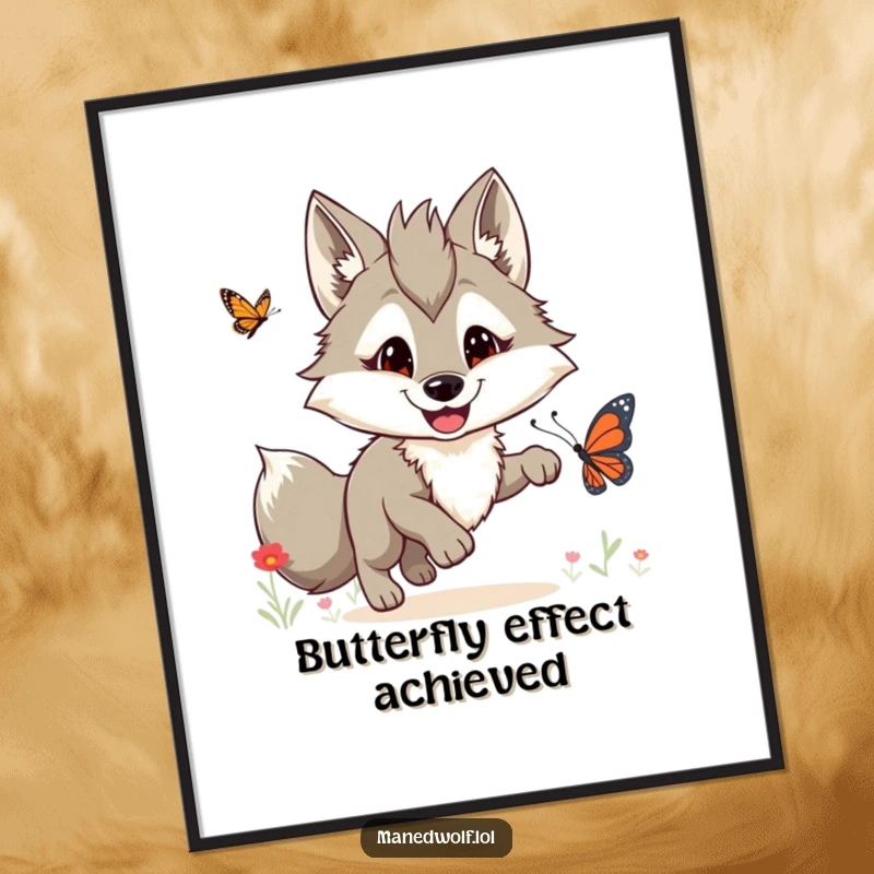 Funny maned wolf poster showing a joyful wolf with a wide grin mid-chase after a beautiful butterfly.
