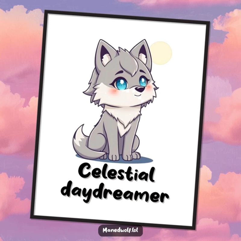 Funny maned wolf poster featuring a wolf with sparkling eyes looking up at a majestic full moon.