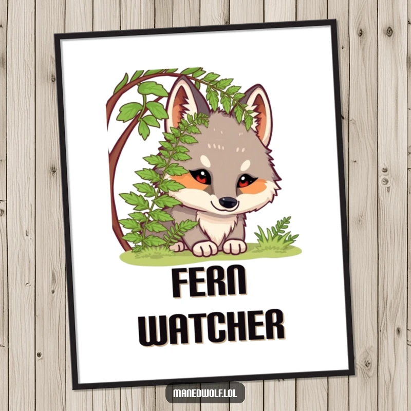 Funny poster art: a chubby maned wolf peeking curiously from beneath a fern, creating a humorous and heartwarming scene.