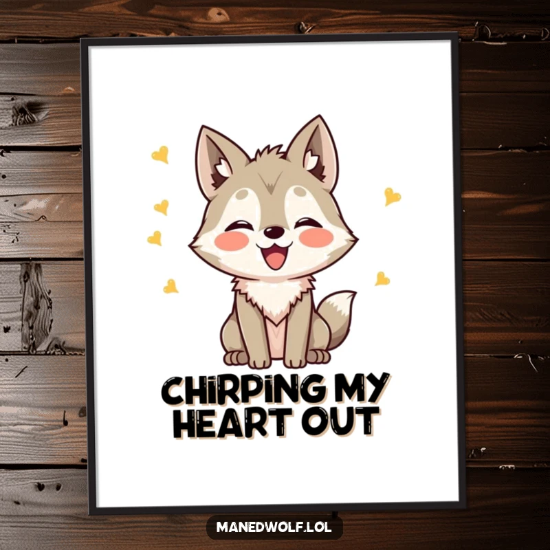 Funny Kawaii Maned Wolf Poster depicting a cute wolf making joyful chirping sounds, ideal for humorous wall art, a funny gift.