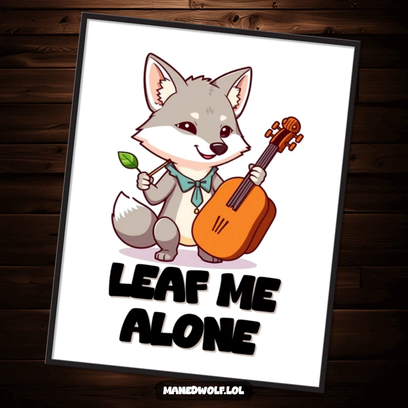 Funny, cute poster of a kawaii maned wolf conducting an orchestra with a leaf, perfect for musical spaces.