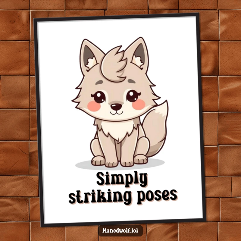 Funny Kawaii Maned Wolf Poster: Smiling wolf with wagging tail, a piece of cute art to spread joy.