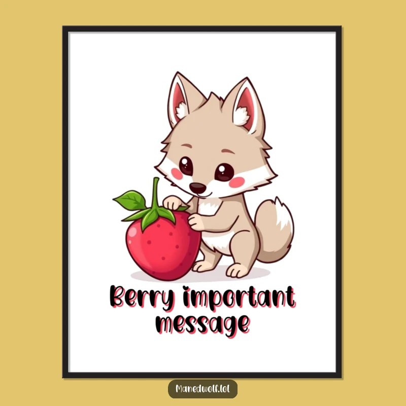 Funny Kawaii Maned Wolf Poster, Balancing Berry Wolf Art, Humorous Wall Decor
