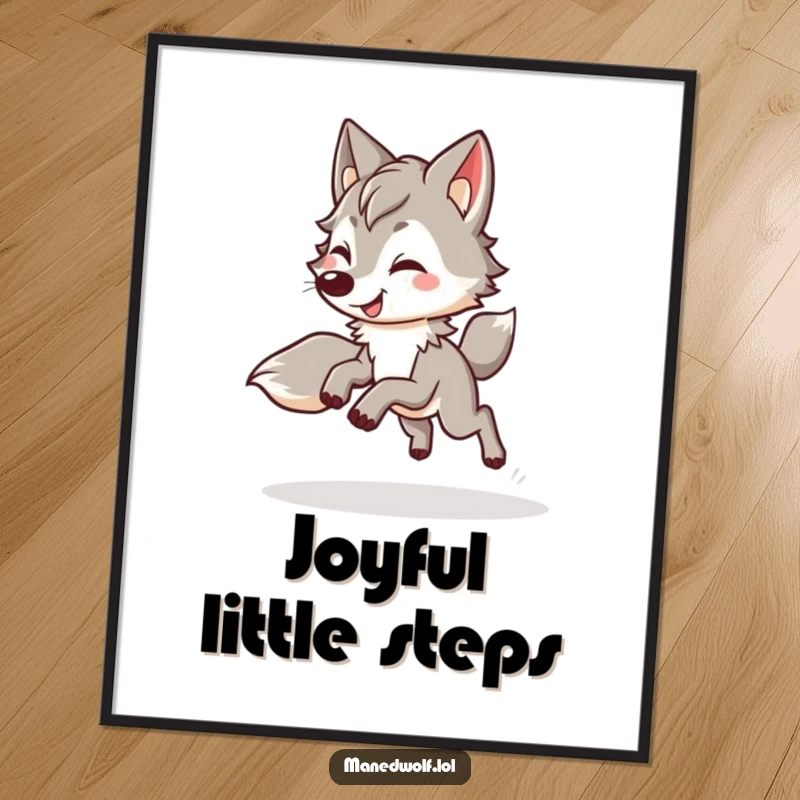 Funny kawaii maned wolf poster of a cute wolf doing a happy, bouncy trot, perfect for energetic and cheerful wall art.