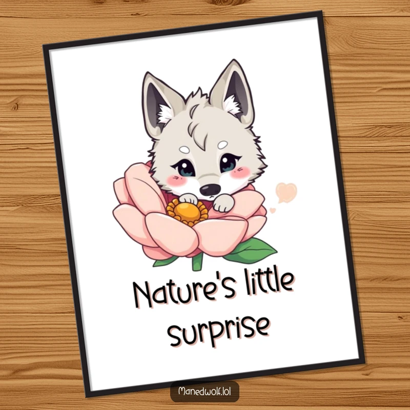 Funny kawaii maned wolf artfully peeking from behind a massive, colorful flower, bringing a sense of wonder and cuteness to a poster.