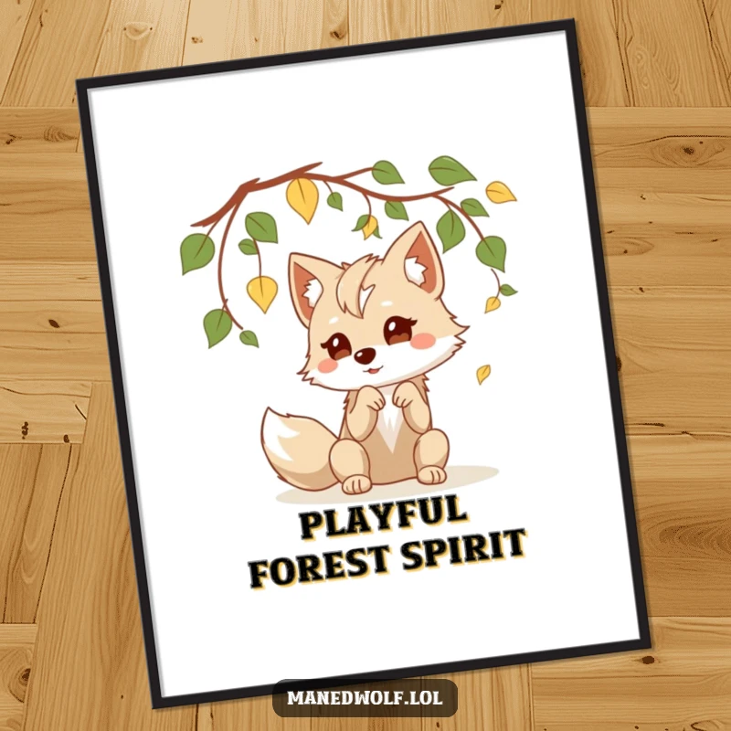 Funny kawaii maned wolf poster of a cute wolf playfully batting at dangling leaves, perfect for whimsical wall art.