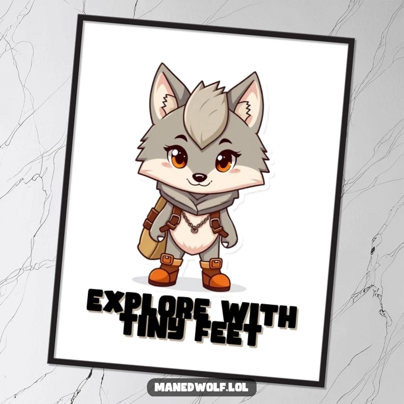 Funny poster of a maned wolf character wearing tiny boots, looking prepared and eager for adventure.