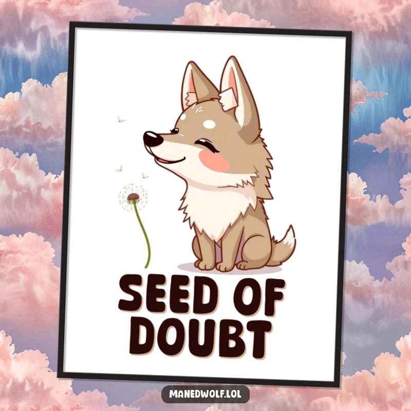 Funny maned wolf poster featuring a happy wolf with its head tilted quizzically at a dandelion seed.