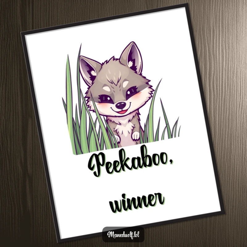 Funny maned wolf poster depicting a wolf peeking from tall grass, creating a scene of playful curiosity and charming humor.