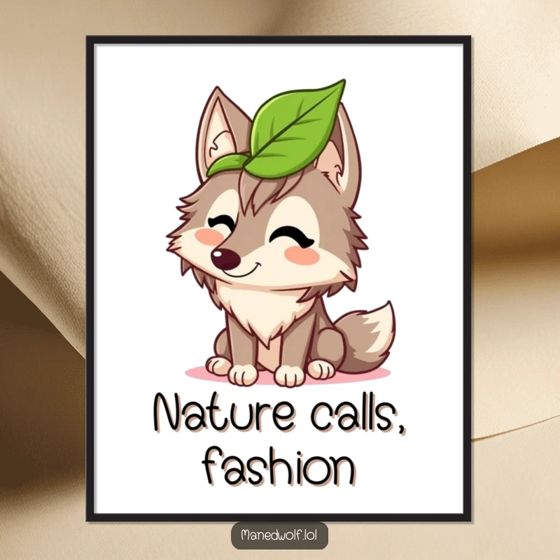 Funny maned wolf poster depicting a wolf giggling with a leaf hat, bringing comical silliness and visual mirth to any room.