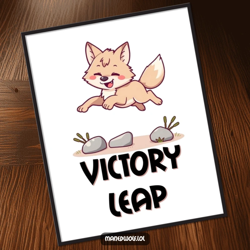 Funny maned wolf leaping high over a small obstacle, dynamic wall art, inspiring funny gift.