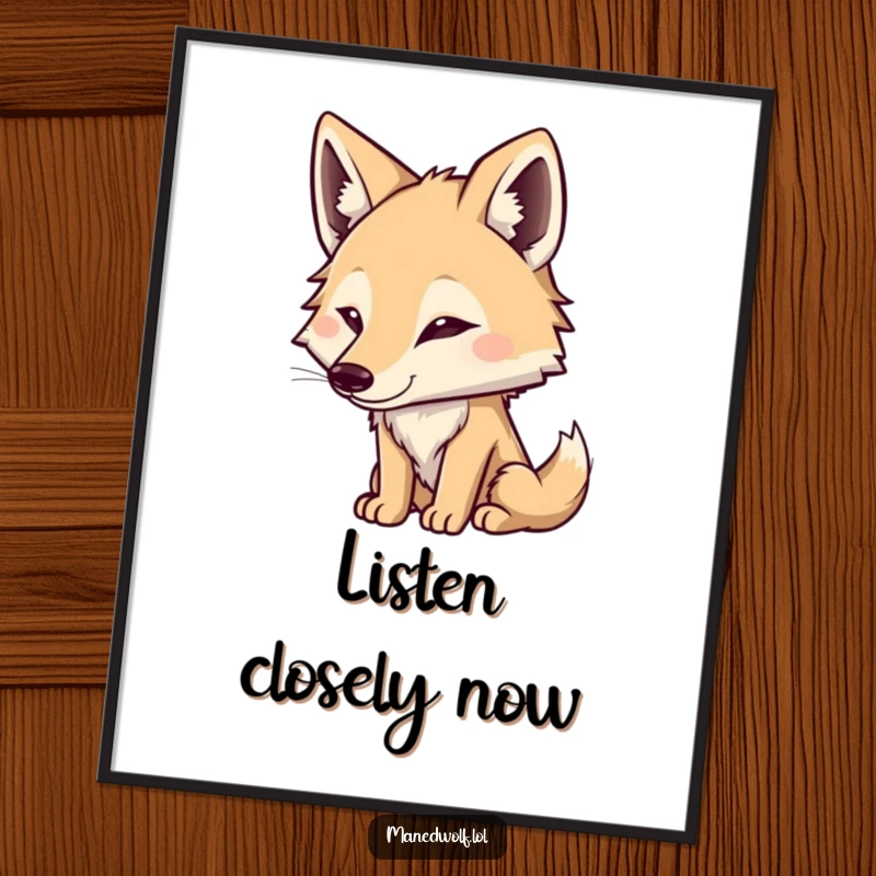 Funny Maned Wolf Poster: Cute character listening intently with perked ears, conveying curiosity and humor, excellent wall decor.