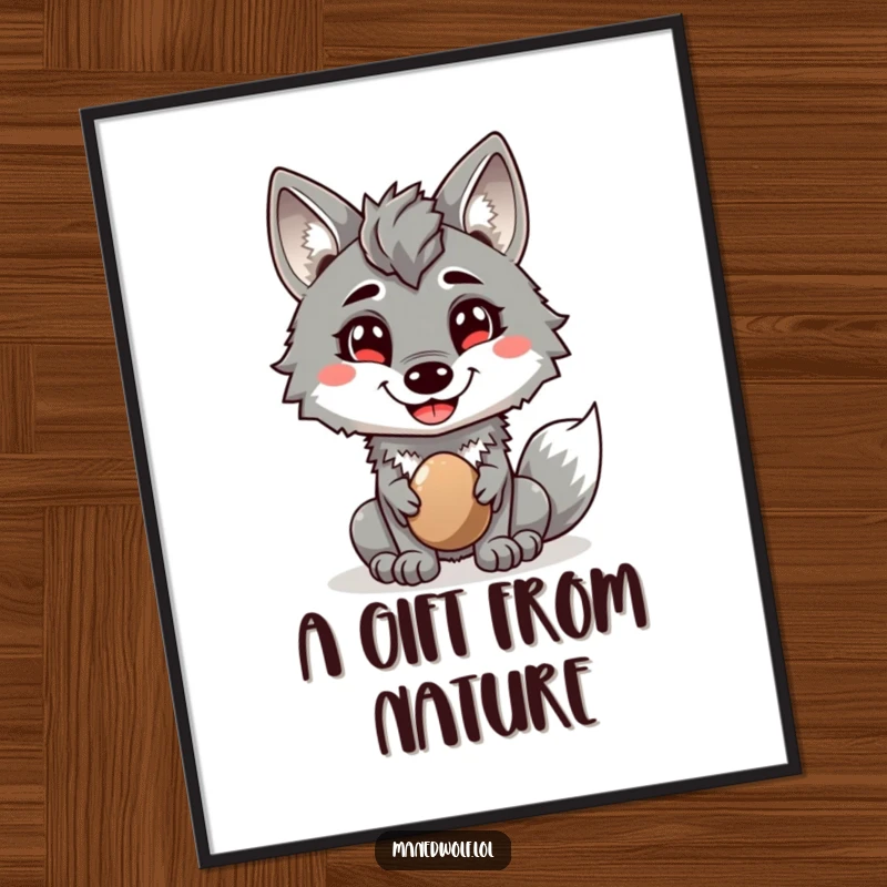 Funny poster print of a maned wolf with a cheerful grin, kindly offering a shiny pebble as a unique and heartwarming gesture.