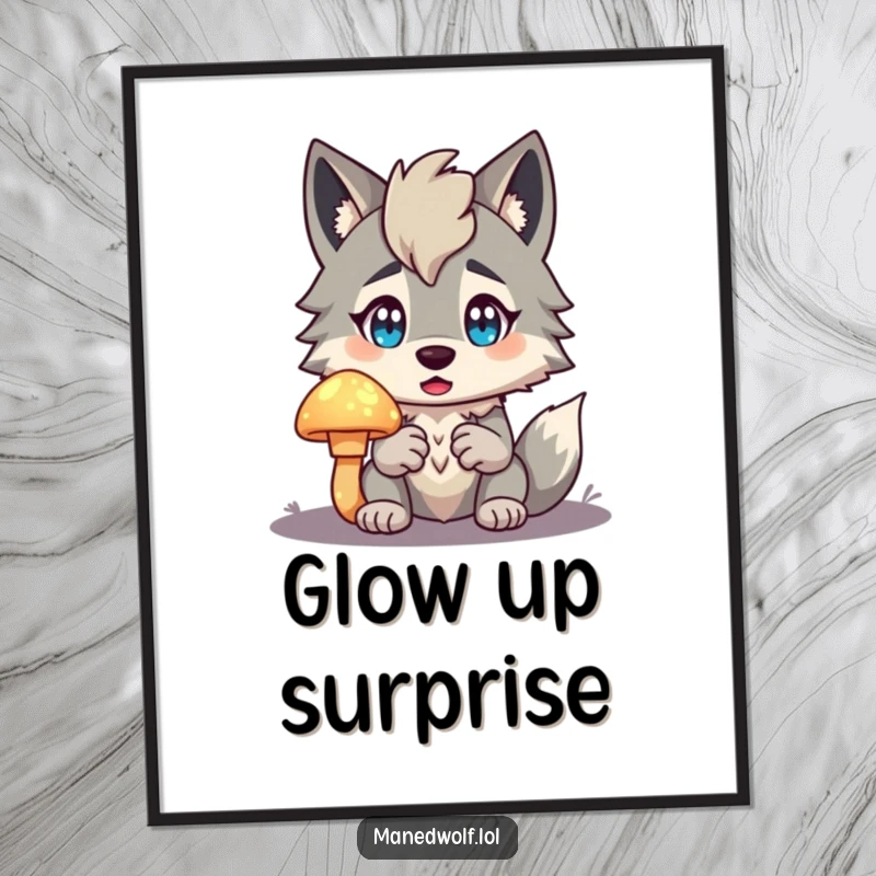 Funny Maned Wolf Poster illustrating a character’s surprised reaction to holding a brightly glowing mushroom, creating a sense of wonder.