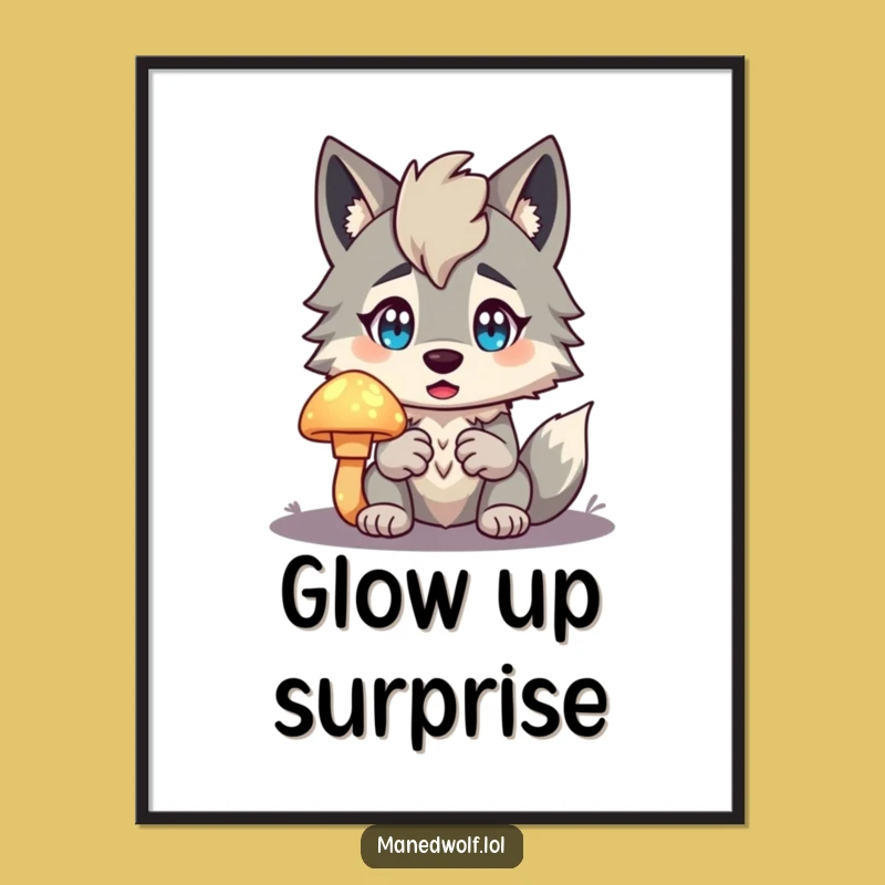 Funny Maned Wolf Poster: Surprised by Mushroom, Magical Art Gift!