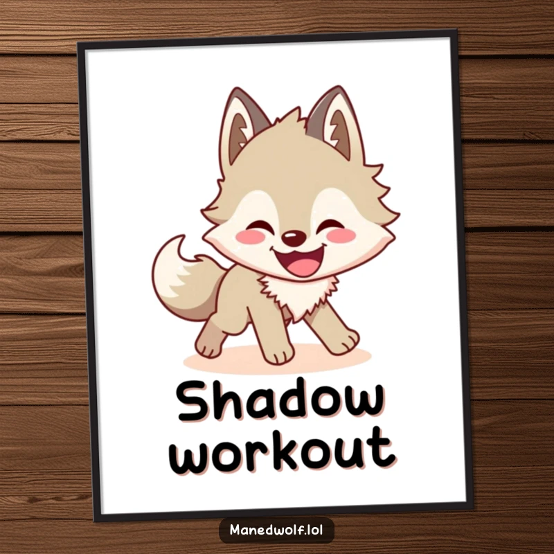 Funny maned wolf poster showcasing a wolf's comical chase after its shadow, bringing animated humor to any wall.