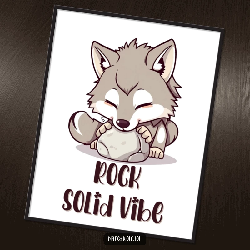Funny maned wolf poster depicting a curious wolf playfully nudging a small, round stone with its nose.