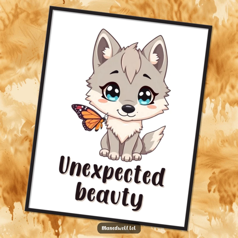 Funny Maned wolf poster, depicting a wide-eyed creature comically surprised by a delicate butterfly, for humorous wildlife decor.