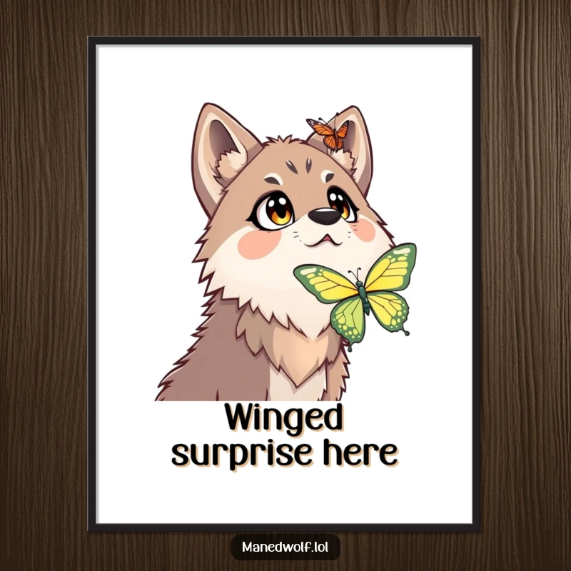Funny maned wolf poster depicting a surprised maned wolf with wide eyes, looking up at a butterfly.