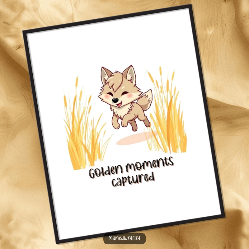 Funny maned wolf poster, showing a distinctive maned wolf humorously prancing through a field of tall, golden grass, full of lively energy.