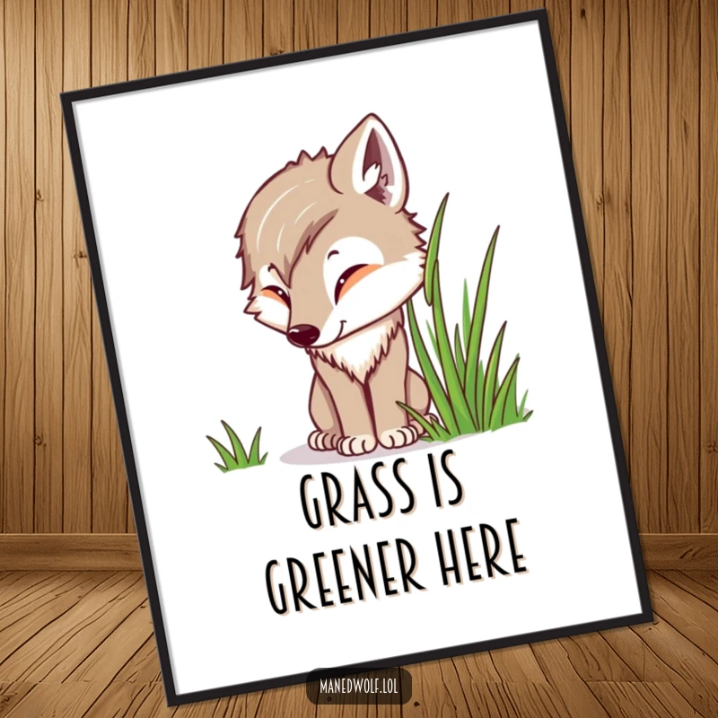 Funny Kawaii Maned Wolf Poster illustrating a cute wolf curiously investigating a blade of grass, bringing gentle nature vibes.