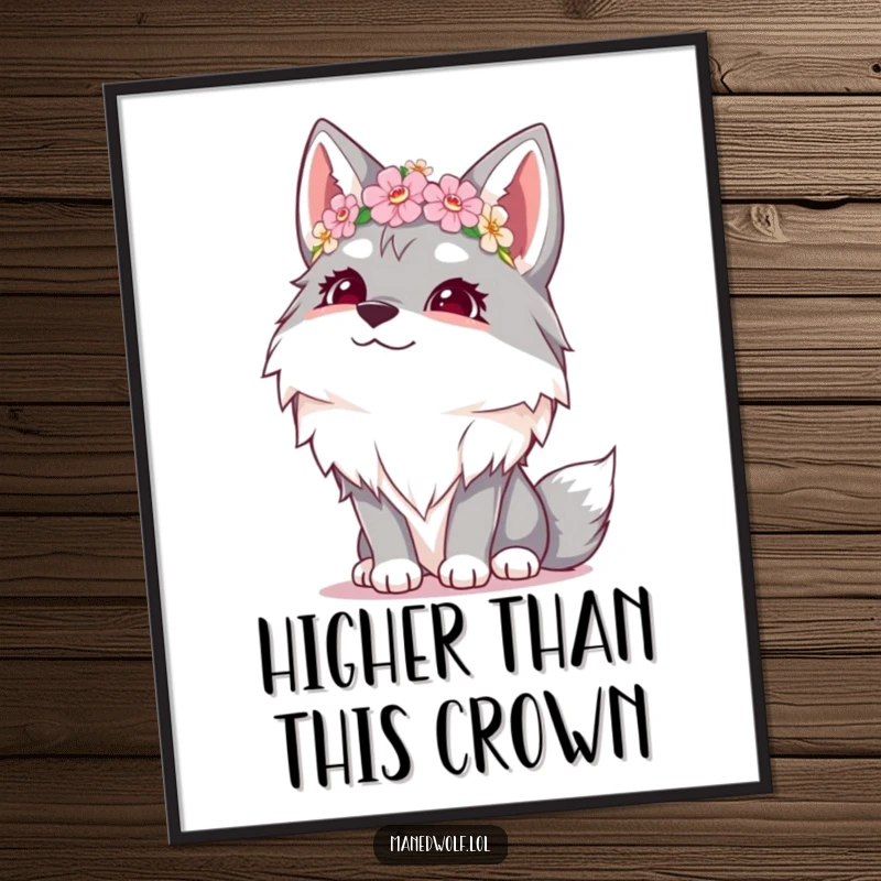 Funny poster of a giggling maned wolf wearing a sweet flower crown, gazing skyward with infectious glee.
