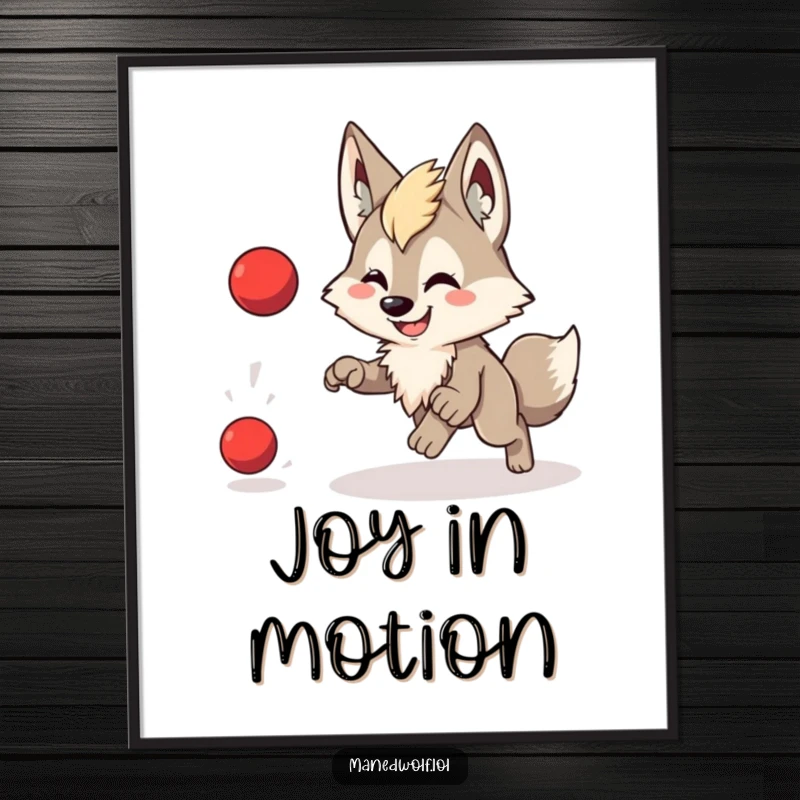 Funny poster of a cute maned wolf with a big smile, actively chasing a bouncing red ball.