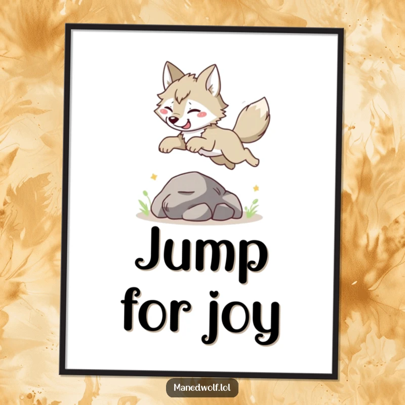 Funny Maned Wolf Poster: Character joyfully leaping over a rock, embodying pure happiness and dynamic movement, perfect wall art.