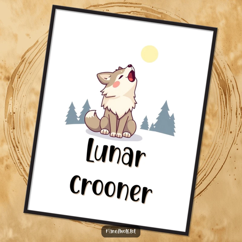 Kawaii Maned Wolf Poster showcasing a cute maned wolf happily howling at the moon, creating a cheerful atmosphere.