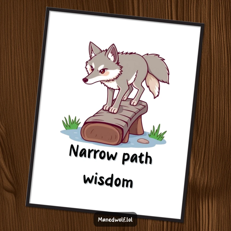 Funny determined maned wolf poster, carefully walking across a log bridge, inspirational art for focus.