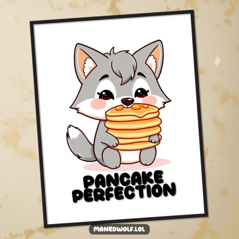 Funny, cute poster of a kawaii maned wolf balancing a stack of pancakes on its nose, perfect for kitchens.