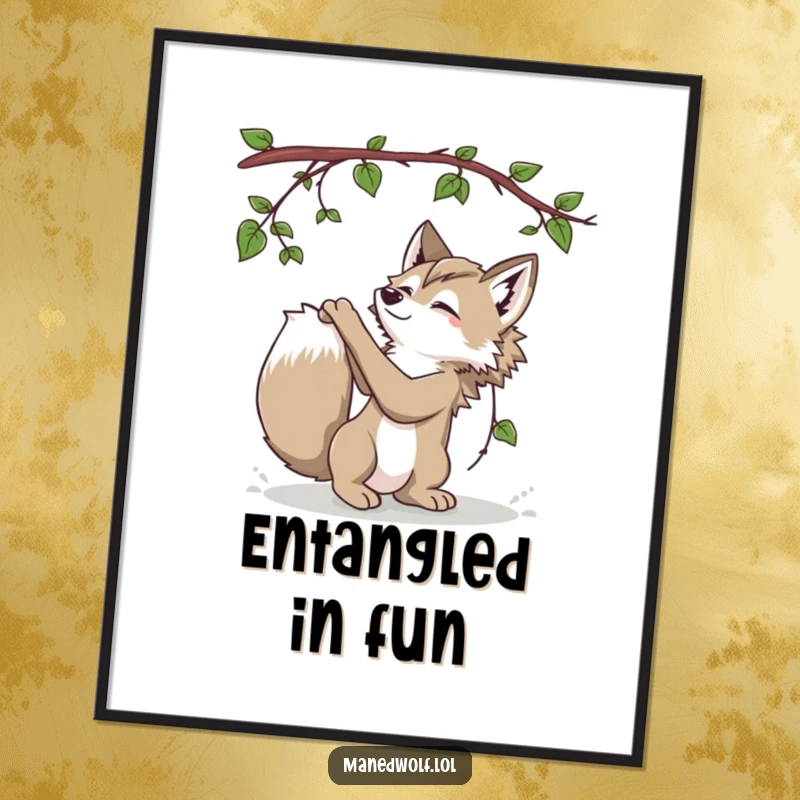 Funny Maned Wolf Poster showcasing a playful maned wolf batting at a dangling vine, creating a fun atmosphere.