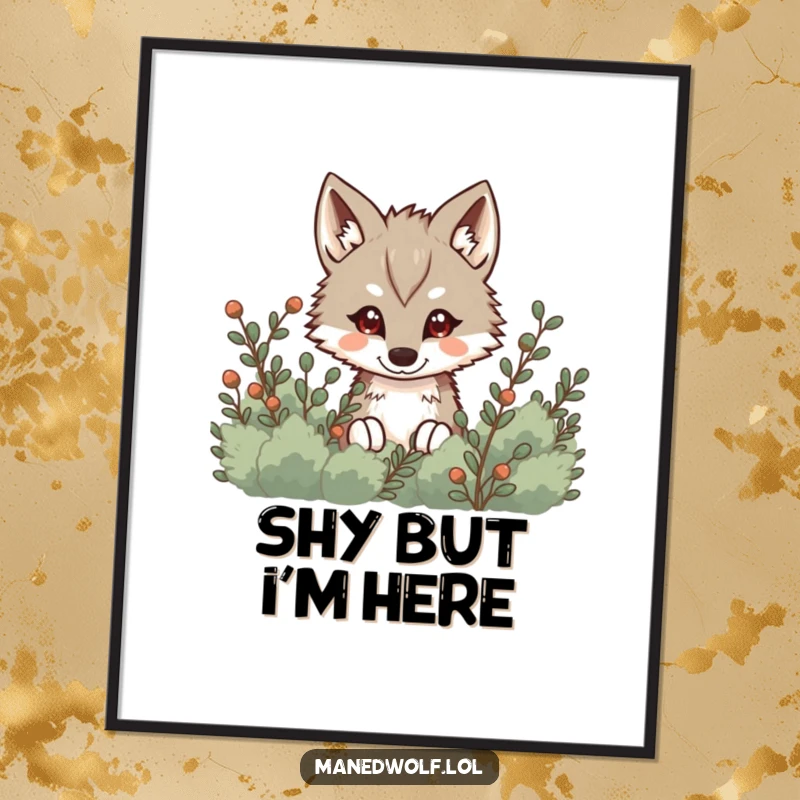 Funny Kawaii Maned Wolf Poster illustrating a cute wolf peeking from behind bushes, bringing playful mystery to your decor.