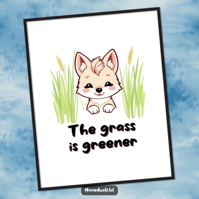 Funny kawaii maned wolf poster showing a smiling wolf peeking from behind tall grass, adding charm.