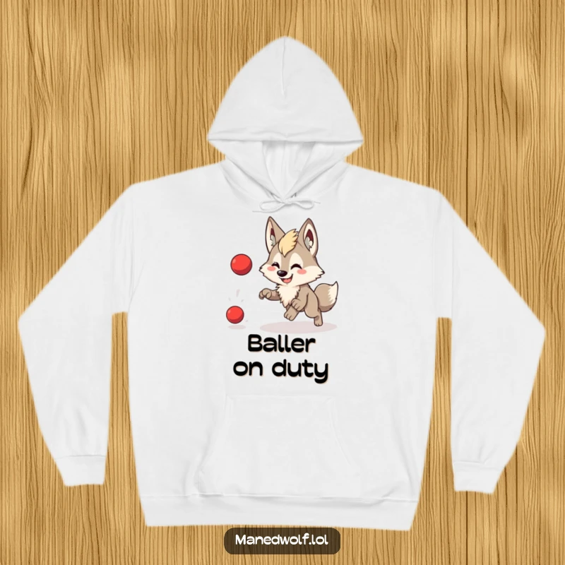 Funny hoodie with a cute maned wolf sporting a wide smile, playfully pursuing a bouncing red ball.