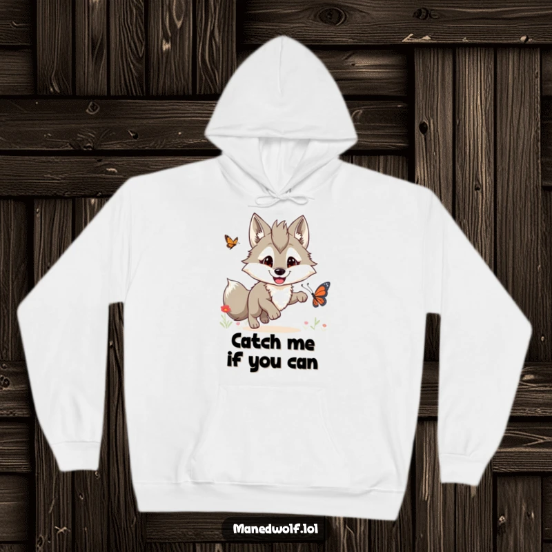 Funny maned wolf hoodie featuring a gleeful wolf with a big grin chasing a fluttering butterfly.
