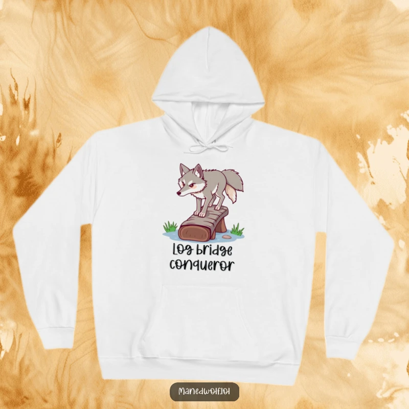 Funny determined maned wolf hoodie, carefully crossing a log bridge, providing warmth and motivational spirit.