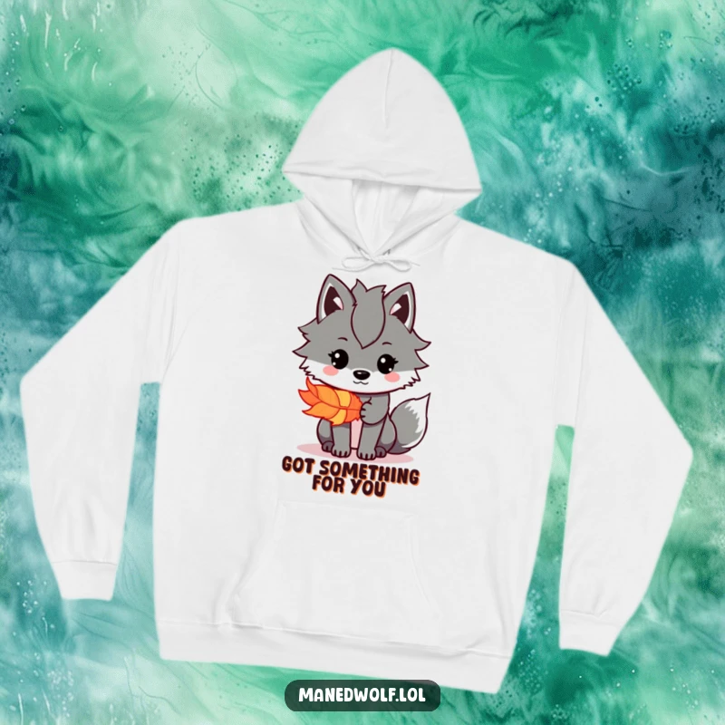 Funny Kawaii Maned Wolf Hoodie showcasing a cute wolf offering a colorful feather, ideal for a humorous and warm funny gift.