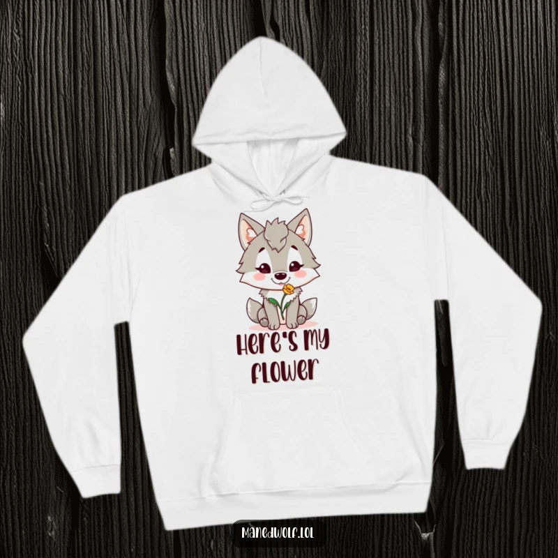 Funny Maned Wolf Hoodie: A smiling maned wolf holds out a flower, offering a funny and heartwarming design for comfort.