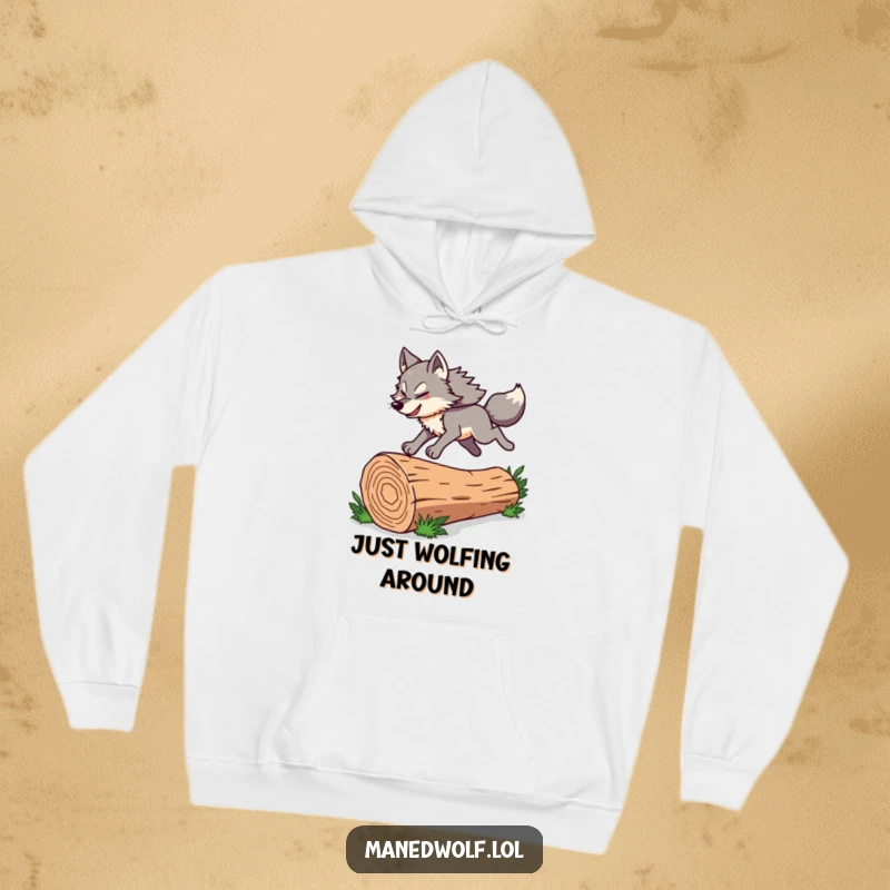 Funny Maned Wolf Hoodie showing a character energetically leaping over a log, designed for comfort and showcasing a spirit of fun.