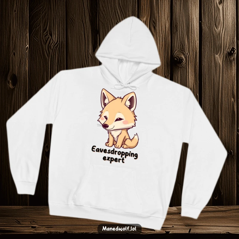 Funny Maned Wolf Hoodie: Cute character intently listening with perked ears, symbolizing attentiveness and humor, a cozy gift.