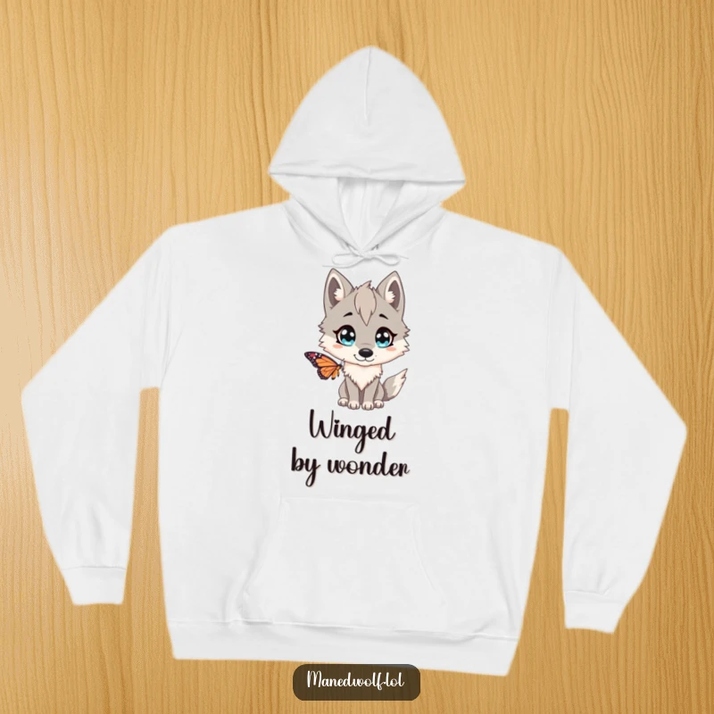 Funny Maned wolf hoodie, cozy and warm, showing the animal with wide eyes, playfully surprised by a butterfly.