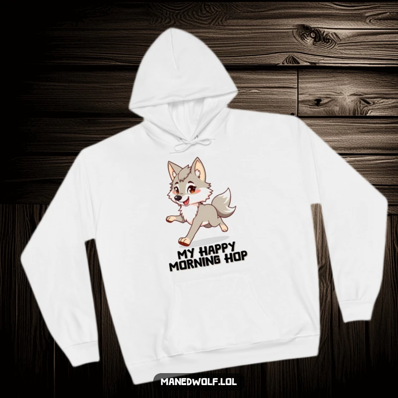 Funny maned wolf hoodie featuring a character performing a happy bouncy trot, radiating cozy fun and playful vibes.