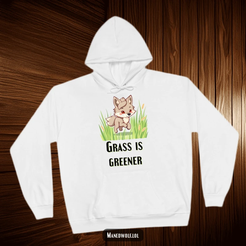 Funny Maned Wolf Hoodie: Character happily trotting through tall grass, conveying joy and adventure, a cozy and humorous gift.